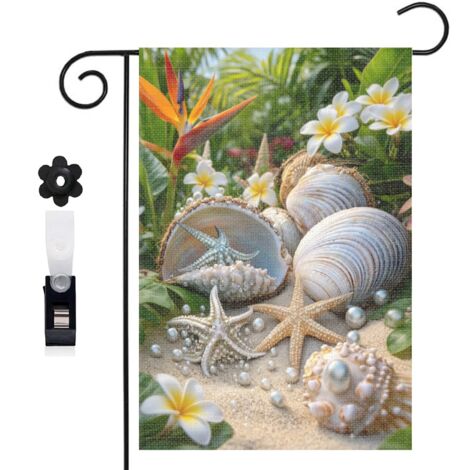 Drapeau de jardin 30 x 45 cm motif coquillages étoiles de mer et sable toile double face pour jardin et terrasse (1/5)