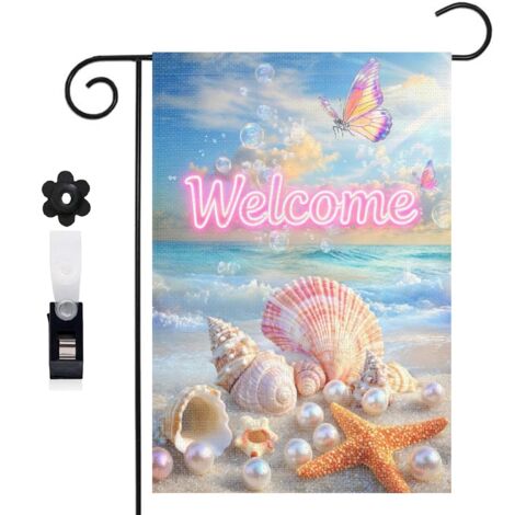 Drapeau de jardin décoratif 30 x 45 cm motif étoiles de mer coquillages et sable toile double face (1/5)