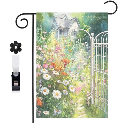 Bannière de cour clôture blanche et bouquet de fleurs printanières 30 x 45 cm décoration porche et maison (1/5)
