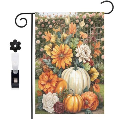 Drapeau de jardin Welcome et panier de fleurs et citrouilles 30 x 45 cm décoration porche et entrée (1/5)