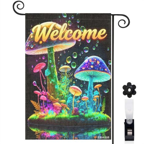 Drapeau de jardin décoratif 30 x 45 cm motif champignons multicolores style enchanté toile double face (1/5)