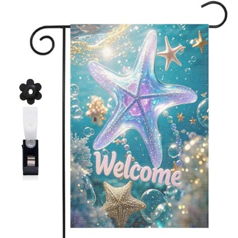 Drapeau de jardin 30 x 45 cm motif étoile de mer féerique et décor océan toile double face pour jardin et terrasse (1/5)