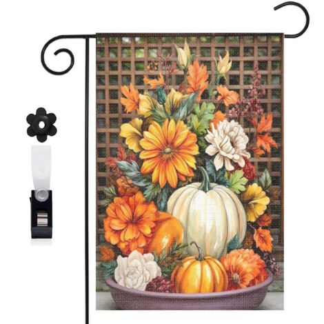 Drapeau de jardin style rustique et citrouilles blanches 30 x 45 cm décoration terrasse et extérieur (1/5)