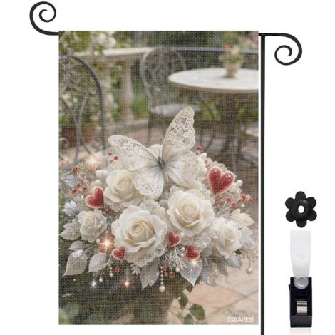 Drapeau de jardin décoratif 30 x 45 cm motif papillon et roses design raffiné toile double face (1/5)