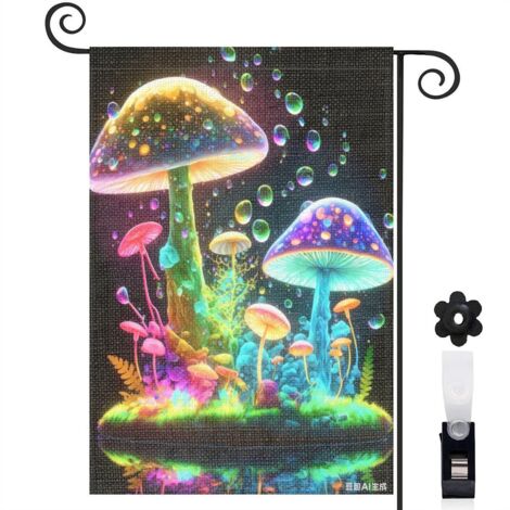 Drapeau de jardin décoratif 30 x 45 cm motif champignons colorés et ambiance enchantée toile double face (1/5)