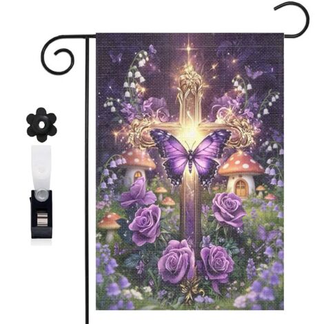 Drapeau de jardin croix dorée et arche florale 30 x 45 cm décoration terrasse et extérieur (1/5)