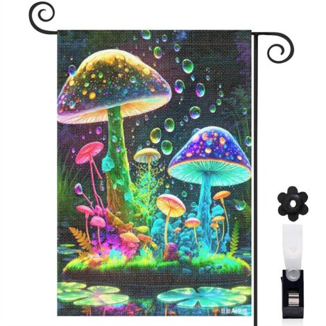 Drapeau de jardin 30 x 45 cm motif champignons féeriques multicolores toile double face extérieure (1/5)