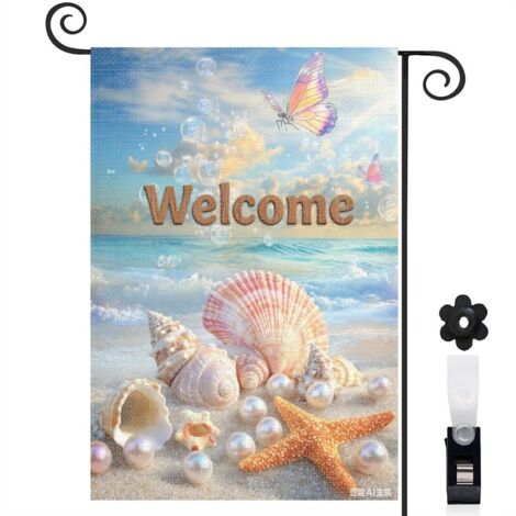 Drapeau de jardin décoratif 30 x 45 cm motif coquillages et sable marin toile double face (1/5)