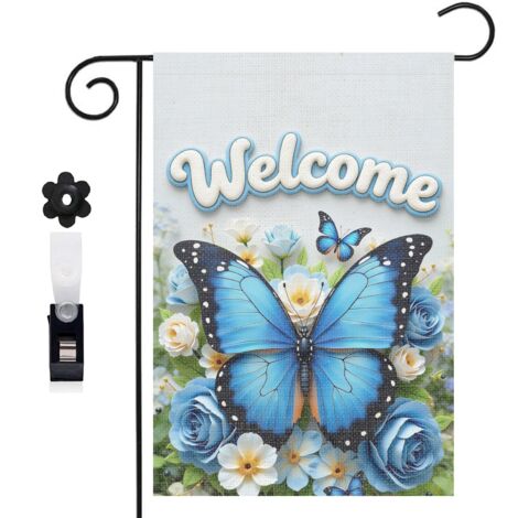 Drapeau de jardin papillon bleu et roses bleues Welcome 30 x 45 cm décoration extérieure jardin (1/5)
