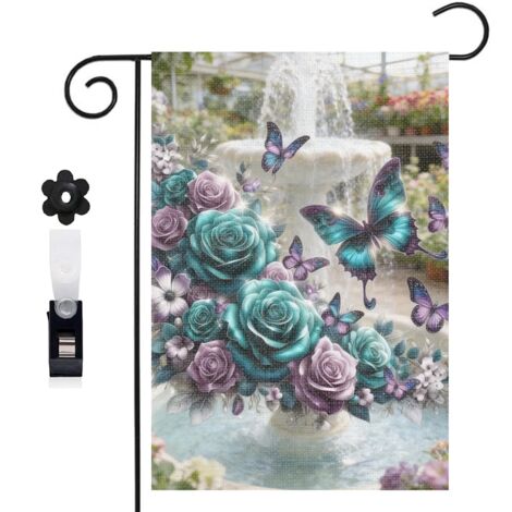 Drapeau vertical ambiance mystérieuse et roses turquoise 30 x 45 cm décoration jardin d'été (1/5)