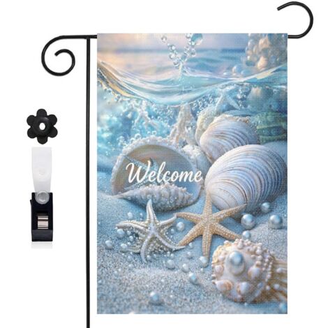 Drapeau de jardin décoratif 30 x 45 cm motif étoiles de mer et perles marines toile double face (1/5)