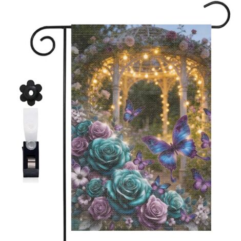 Drapeau de jardin style vintage et roses bicolores 30 x 45 cm décoration terrasse et extérieur (1/5)
