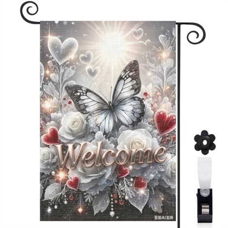 Drapeau de jardin décoratif 30 x 45 cm motif papillon et fleurs style romantique toile double face durable (1/5)