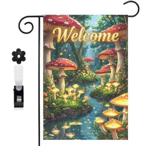 Drapeau de jardin décoratif 30 x 45 cm motif champignons en forêt style fantastique toile double face (1/5)
