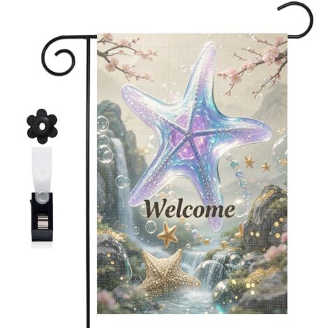 Drapeau de jardin décoratif 30 x 45 cm motif étoile de mer et sable brillant toile double face (1/5)