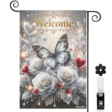 Drapeau de jardin 30 x 45 cm motif papillon et fleurs blanches élégantes toile double face pour extérieur (1/5)
