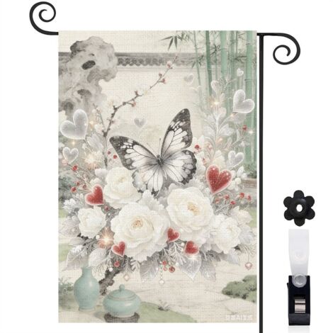Drapeau de jardin décoratif 30 x 45 cm motif papillon et fleurs style campagne toile double face (1/5)