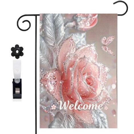 Drapeau vertical Welcome rose et effet scintillant 30 x 45 cm décoration saisonnière cour (1/5)