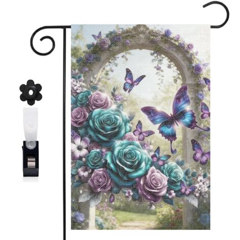 Drapeau vertical fond doré et papillons morpho 30 x 45 cm décoration saisonnière cour (1/5)