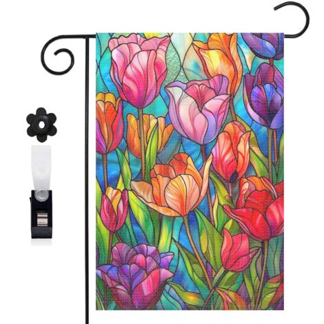 Drapeau de jardin tulipes multicolores et vitrail 30 x 45 cm décoration extérieure jardin (1/5)