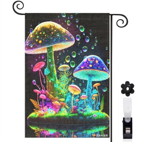 Drapeau de jardin 30 x 45 cm motif champignons enchantés et fleurs colorées toile double face extérieure (1/5)