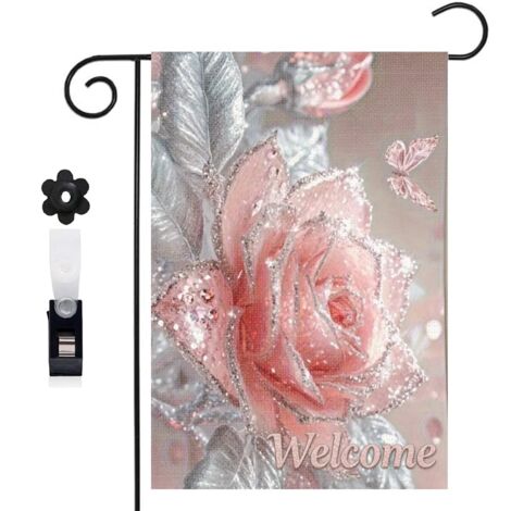 Drapeau de jardin fond rose et rose rose pailletée 30 x 45 cm décoration porche et entrée (1/5)