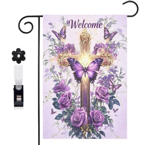 Drapeau de jardin croix et outils de jardinage 30 x 45 cm décoration cour et balcon (1/5)