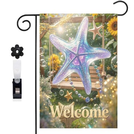 Drapeau de jardin 30 x 45 cm motif étoile de mer et décor marin coloré toile double face résistante (1/5)