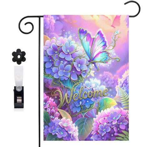 Drapeau de jardin 30 x 45 cm motif hortensias et papillon volant style conte de fées toile double face (1/5)