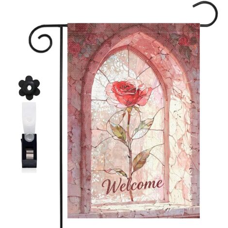 Drapeau de jardin Welcome et composition de vitrail 30 x 45 cm décoration porche et entrée (1/5)