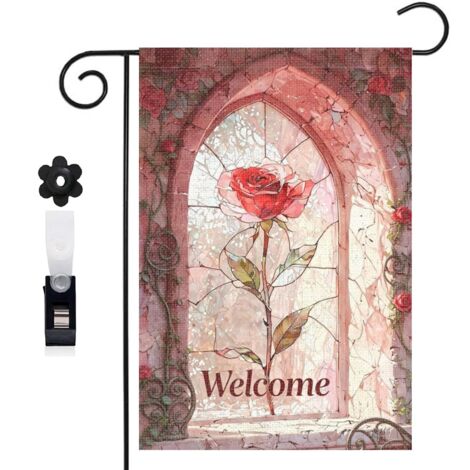 Drapeau vertical style conte de fées et vitrail floral 30 x 45 cm décoration saisonnière cour (1/5)