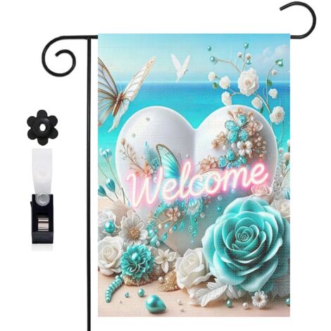 Drapeau de jardin cœur blanc et roses turquoise 30 x 45 cm décoration extérieure jardin (1/5)