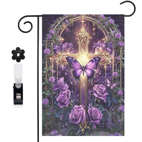 Drapeau vertical Welcome et croix avec papillon 30 x 45 cm décoration saisonnière cour (1/5)
