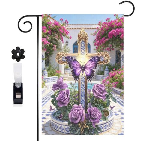 Drapeau de jardin arche de jardin et croix dorée 30 x 45 cm décoration porche et entrée (1/5)