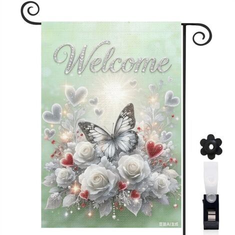 Drapeau de jardin décoratif bienvenue 30 x 45 cm motif papillon et pivoines toile double face pour maison et terrasse (1/5)