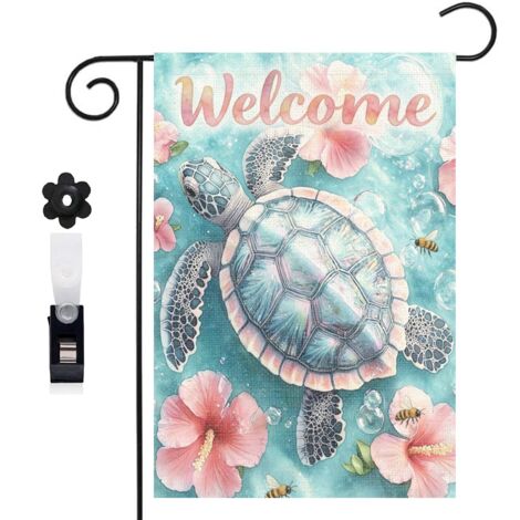 Drapeau de jardin décoratif 30 x 45 cm motif tortue et bulles marines toile double face résistante (1/5)