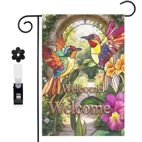 Bannière de cour Welcome et colibris multicolores 30 x 45 cm décoration porche et maison (1/5)