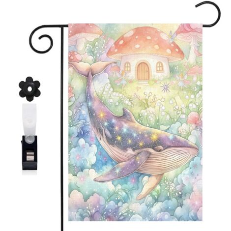 Drapeau de jardin décoratif 30 x 45 cm motif baleine et ciel étoilé style enchanté toile double face (1/5)