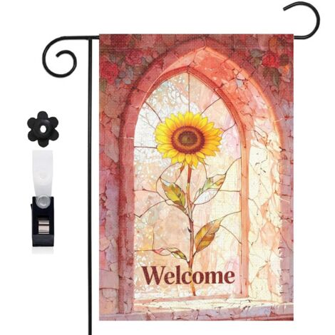 Drapeau de jardin Welcome et composition de vitrail et fleurs 30 x 45 cm décoration porche et entrée (1/5)