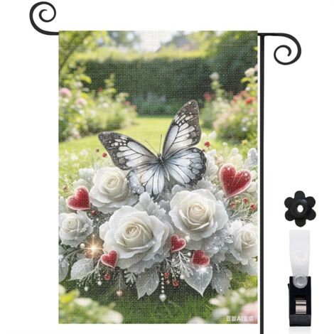 Drapeau de jardin 30 x 45 cm motif papillon et fleurs style romantique toile double face extérieur (1/5)
