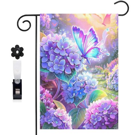 Drapeau de jardin décoratif 30 x 45 cm motif fleurs hortensia et papillon style magique toile double face (1/5)