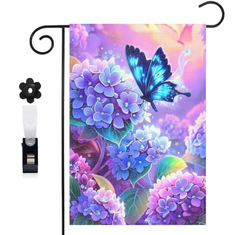 Drapeau de jardin décoratif 30 x 45 cm motif hortensias et papillon volant toile double face (1/5)