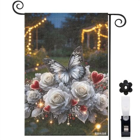 Drapeau de jardin décoratif 30 x 45 cm motif papillon et fleurs naturelles toile double face résistante (1/5)