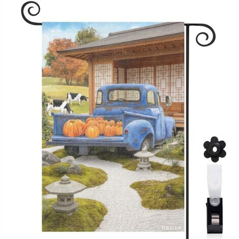 Drapeau de jardin automne 30 x 45 cm motif champ de citrouilles et maison toile double face (1/5)