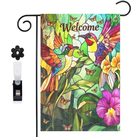 Bannière de cour herbe verte et colibris 30 x 45 cm décoration extérieure et intérieure (1/5)