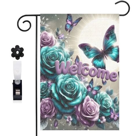 Drapeau vertical Welcome et papillons pour le jardin 30 x 45 cm décoration saisonnière extérieure (1/5)