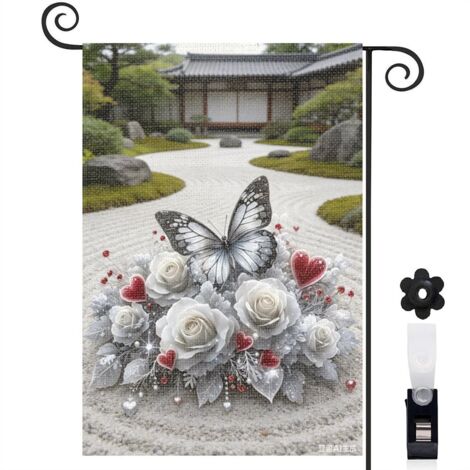 Drapeau de jardin floral 30 x 45 cm motif papillon et roses toile double face pour extérieur (1/5)