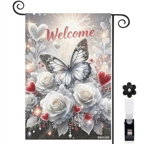 Drapeau de jardin floral bienvenue 30 x 45 cm motif papillon et roses toile double face résistante aux intempéries (1/5)