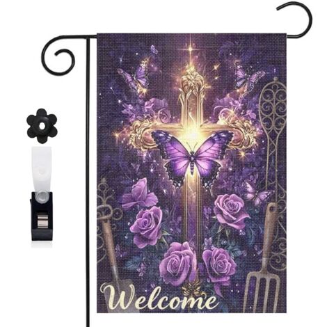 Drapeau de jardin style féerique et croix florale 30 x 45 cm décoration terrasse et extérieur (1/5)