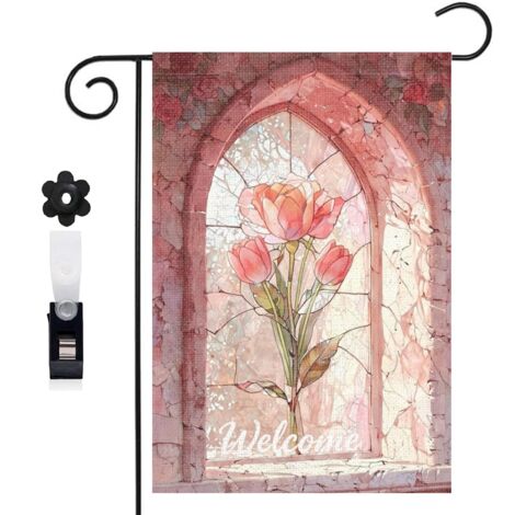 Drapeau vertical fleur blanche et vitrail coloré 30 x 45 cm décoration saisonnière cour (1/5)
